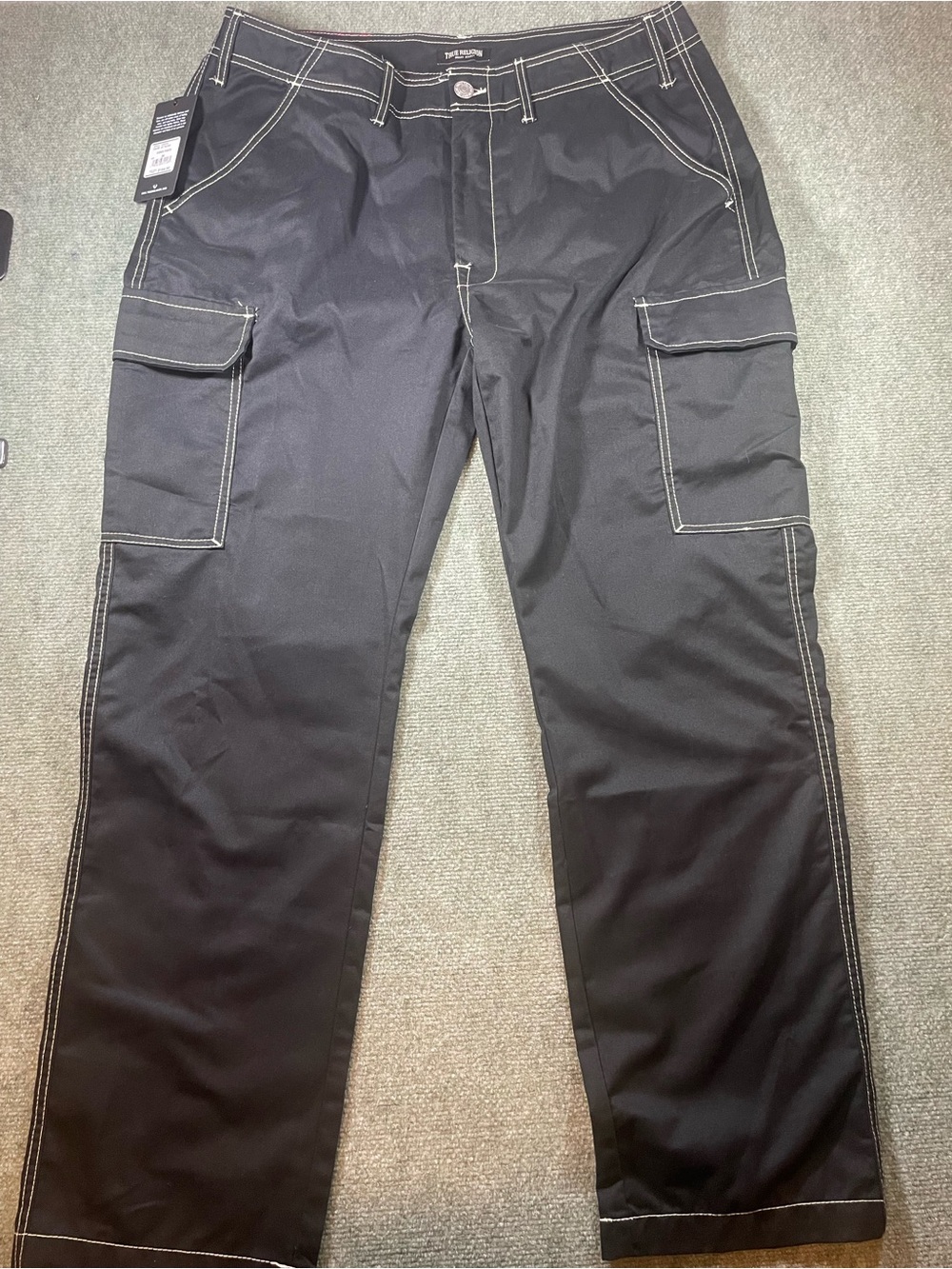 True Religion Black Baggy Cargo Pants with White Contrast‎ Stitching